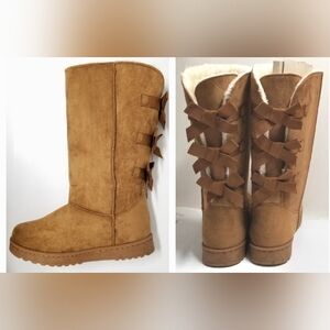 Triple Bow Suede Leather & Fur Lined Tall Boot in Caramel Brown Sz 9